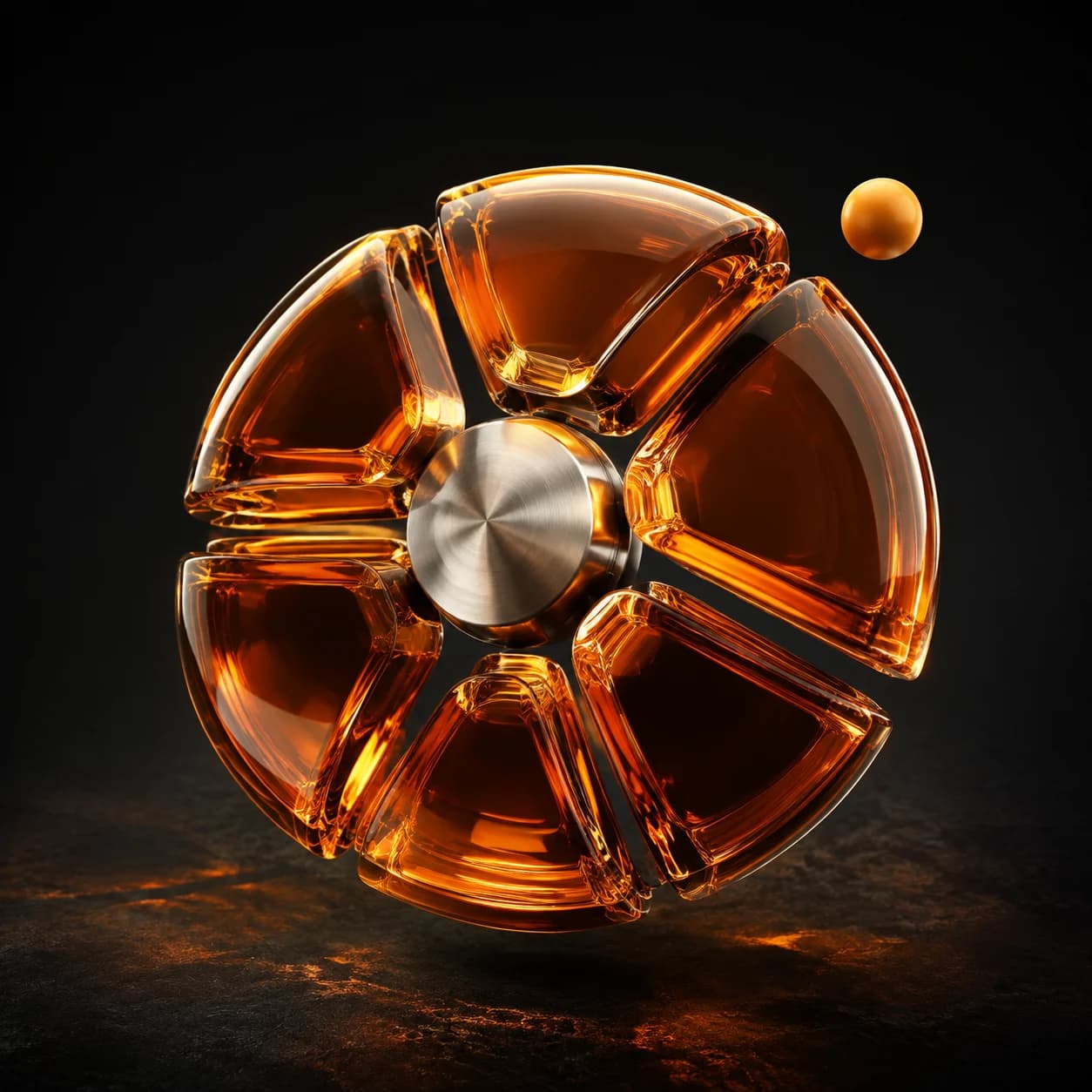 Escultura de uma laranja em vidro e metal, símbolo da união entre negócios e tecnologia