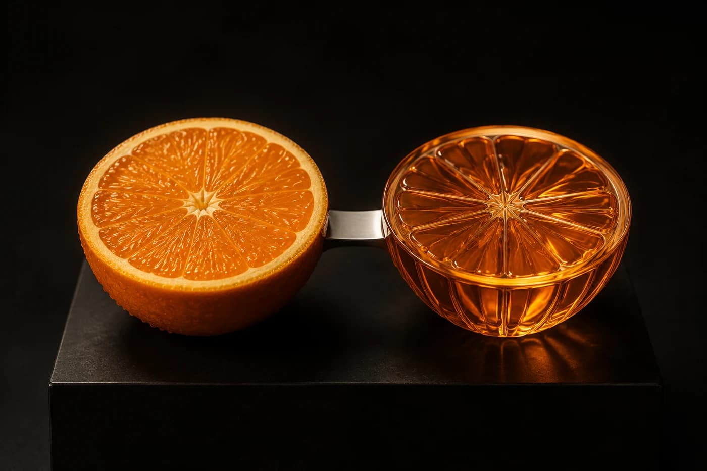 Uma laranja natural ao lado de sua interpretação em vidro: a inspiração da identidade Orange